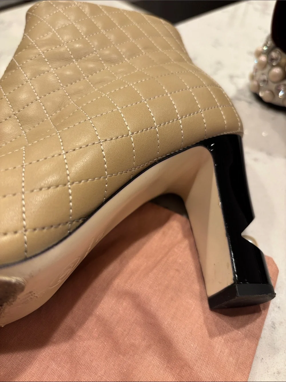 CHANEL Beige Quilted Peep-Toe Ankle Boots with Black Patent Trim